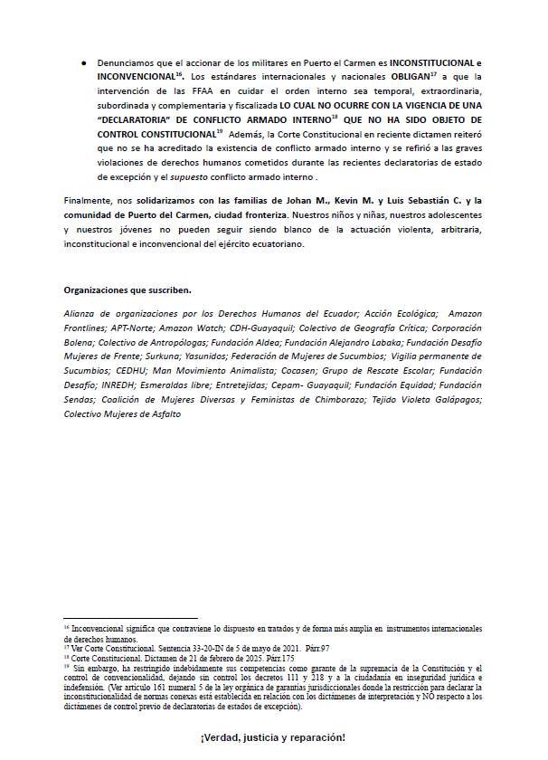 Alianza de Organizaciones por los Derechos Humanos (@ddhh_alianza) on Twitter photo 🚨DENUNCIA PÚBLICA
Ataque ilegal y violento de <a href="/FFAAECUADOR/">Fuerzas Armadas del Ecuador</a> contra 2 adolescentes y un joven deja a un adolescente víctima de ejecución extrajudicial, a un joven herido de extrema gravedad y conmociona a Puerto el Carmen en Putumayo, Sucumbíos
Ver en: bit.ly/3Fx668p 🚨DENUNCIA PÚBLICA
Ataque ilegal y violento de <a href="/FFAAECUADOR/">Fuerzas Armadas del Ecuador</a> contra 2 adolescentes y un joven deja a un adolescente víctima de ejecución extrajudicial, a un joven herido de extrema gravedad y conmociona a Puerto el Carmen en Putumayo, Sucumbíos
Ver en: bit.ly/3Fx668p
