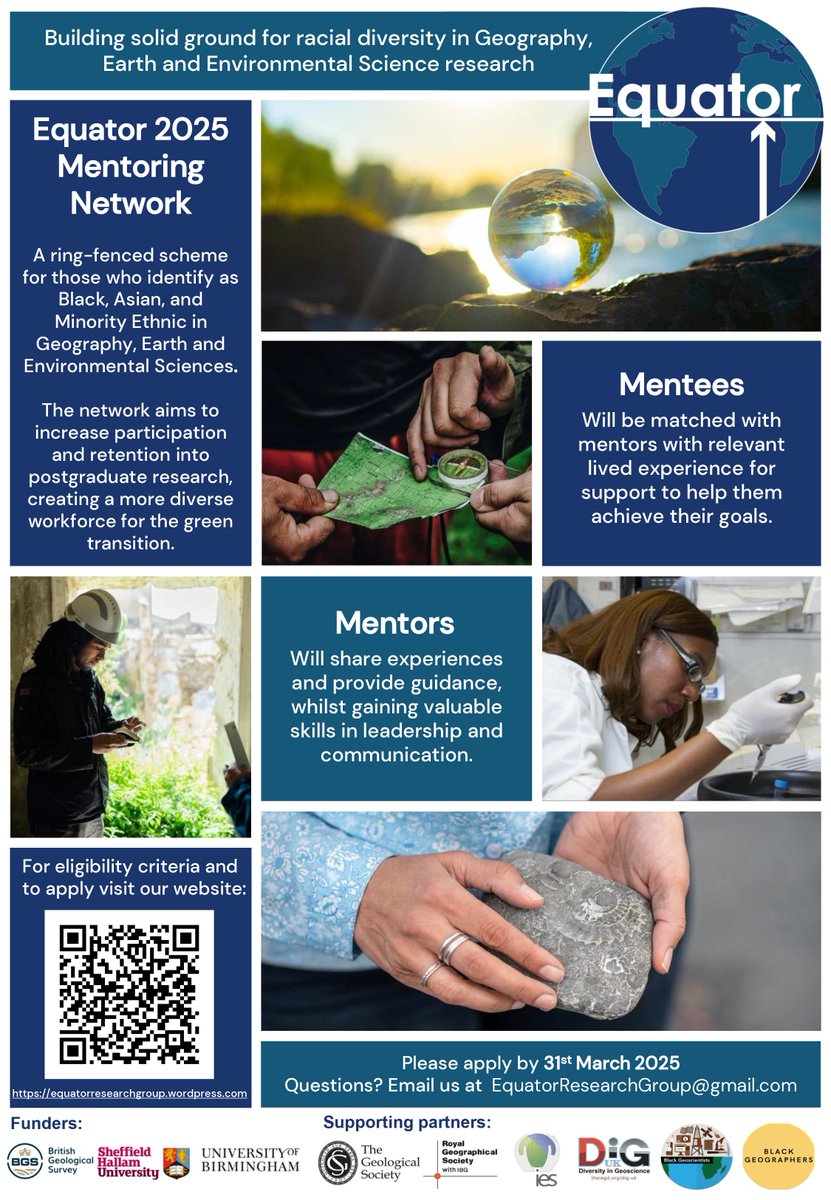 EQUATOR 2025 Mentoring Network, which will take place from April to August.
This mentoring programme aims to improve experiences and increase retention of Black, Asian and minority ethnic students in Geography, Earth and Environmental Science disciplines.
shorturl.at/HbFVI