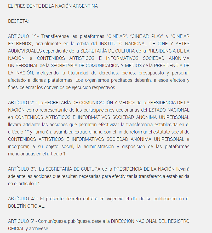favallarelli's tweet photo. El gobierno transfiere CINEAR de la órbita del INCAA y la Secretaría de Cultura a una SA dependiente de la secretaría de comunicación.
Hay un montón de razones por las cuales esto no está bien, pero lo más grave es otra cosa. https://t.co/ArAim4HNdN