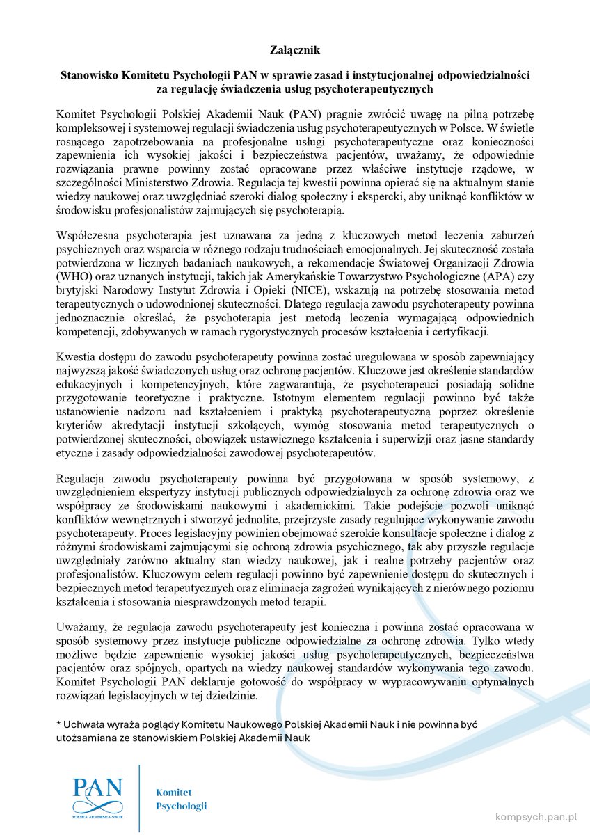 Komitet Psychologii PAN (@komitetpan) on Twitter photo Komitet Psychologii PAN przyjął stanowisko w sprawie zasad i instytucjonalnej odpowiedzialności za regulację świadczenia usług psychoterapeutycznych. To zadanie instytucji publicznych, a nie środowiska! <a href="/MGolbik/">Marta Golbik</a> <a href="/Leszczyna/">Iza Leszczyna✌️🇵🇱</a> <a href="/OZZPsychologow/">Ogólnopolski Związek Zawodowy Psychologów</a> <a href="/PTTPB_pl/">Polskie Tow. Terapii Poznawczej i Behawioralnej</a> Komitet Psychologii PAN przyjął stanowisko w sprawie zasad i instytucjonalnej odpowiedzialności za regulację świadczenia usług psychoterapeutycznych. To zadanie instytucji publicznych, a nie środowiska! <a href="/MGolbik/">Marta Golbik</a> <a href="/Leszczyna/">Iza Leszczyna✌️🇵🇱</a> <a href="/OZZPsychologow/">Ogólnopolski Związek Zawodowy Psychologów</a> <a href="/PTTPB_pl/">Polskie Tow. Terapii Poznawczej i Behawioralnej</a>