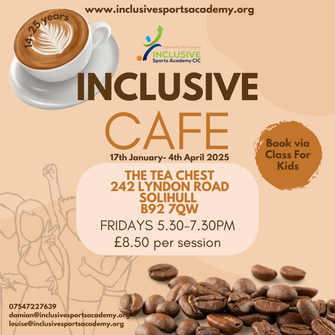 Inclusive Sports Academy CIC (@inclusiveevery1) on Twitter photo A quick reminder of Inclusive Cafe, our brilliant session for 14-25 year olds looking to socialise, whilst learning some new and exciting skills.
For more info, please email louise@inclusivesportsacademy.org, or click the link in our bio to book your place.
#InclusiveCafe A quick reminder of Inclusive Cafe, our brilliant session for 14-25 year olds looking to socialise, whilst learning some new and exciting skills.
For more info, please email louise@inclusivesportsacademy.org, or click the link in our bio to book your place.
#InclusiveCafe