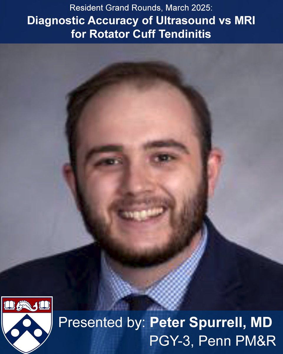 Resident grand rounds this month will be presented by Dr. Peter Spurrell on the topic of "Diagnostic Accuracy of Ultrasound vs MRI for Rotator Cuff Tendinitis"