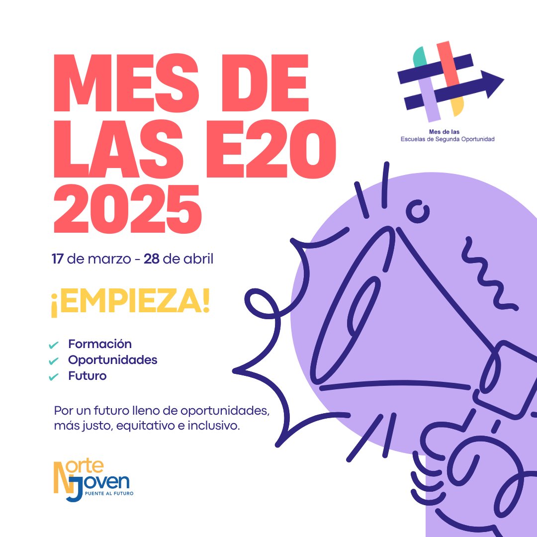 📢 ¡El Mes de las Escuelas de Segunda Oportunidad 2025 comienza YA! 🚀

Las #E2O nos unimos por una educación inclusiva y llena de oportunidades para jóvenes

Próximo encuentro:
📍Salamanca
📅 29.04
📲 Sigue #MesE2O2025 #rumboaléxito

e2oespana.org/save-the-date-…
