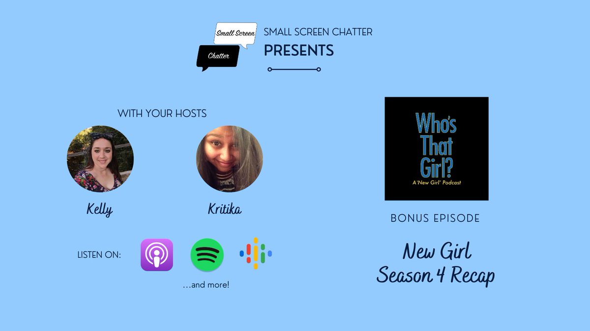 SmallScreenChat's tweet photo. Check out the Season 4 Recap, a bonus episode of @WhosThatGirlPod now #streaming on major podcast channels. Give us a #like and #follow as we discuss character breakdowns and all the top Season 4 moments! 
#podcast #newgirl #whosthatgirlpod #newgirlpodcast #season4 #recap https://t.co/ZQ2kJcXxkY