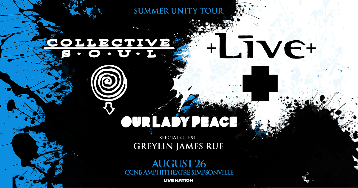 CCNB Amphitheatre at Heritage Park (@ccnbamp) on Twitter photo Get ready to rock! 🎸 <a href="/CollectiveSoul/">Collective Soul</a> and @LIVEtheband are coming to <a href="/CCNBAmp/">CCNB Amphitheatre at Heritage Park</a> #Simpsonville on 8/26 for the Summer Unity Tour with special guests <a href="/OurLadyPeace/">Our Lady Peace</a> and Greylin James Rue! Tickets on sale starting this Friday, 3/21 10AM. 🔥bit.ly/CollectiveSoul… Get ready to rock! 🎸 <a href="/CollectiveSoul/">Collective Soul</a> and @LIVEtheband are coming to <a href="/CCNBAmp/">CCNB Amphitheatre at Heritage Park</a> #Simpsonville on 8/26 for the Summer Unity Tour with special guests <a href="/OurLadyPeace/">Our Lady Peace</a> and Greylin James Rue! Tickets on sale starting this Friday, 3/21 10AM. 🔥bit.ly/CollectiveSoul…