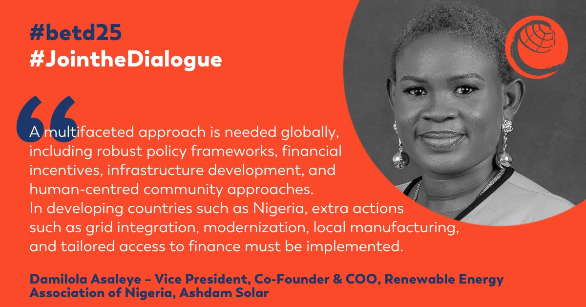 🚨 Speaker Announcement! 🚨
We are excited to welcome Damilola Asaleye <a href="/solar_queen01/">Damilola Asaleye</a> <a href="/ashdamsolar/">Ashdam Solar Co Ltd</a> <a href="/REANigeria/">Renewable Energy Association of Nigeria (REAN)</a> as a speaker at the #betd25 ! 🎤 #JoinTheDialogue #3xRenewables

@germanydiplo @bmwk @beemerkenswert @bswsolarev <a href="/GERinNigeria/">Germany in Nigeria</a> <a href="/NigeriaBerlin/">Nigeria Embassy Berlin Germany</a> <a href="/AhkNigeria/">AHKNigeria</a>