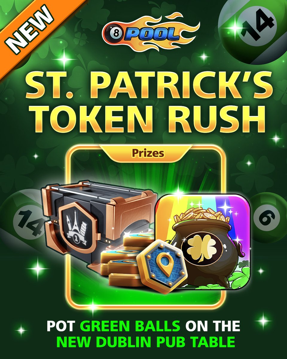 8ballpool's tweet photo. NEW #StPatricks #TokenRush โ
๐
๐ Pot #Green balls on the new #DublinPub table to win a special Avatar, #TourTokens and more prizes!
Play Now ยป https://t.co/PmOcNOU9l0
#8BallPool https://t.co/5a8Pxoc2I8