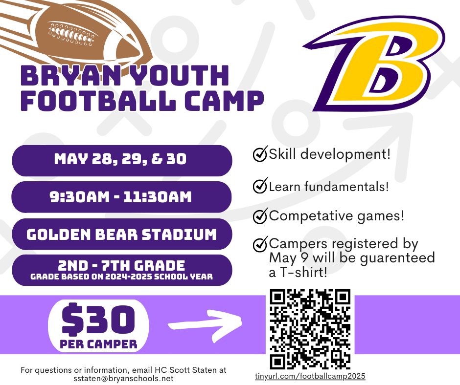 Sign ups are open for the Bryan Youth Football Camp!
docs.google.com/forms/d/1G2jQq…

For a information on our other camps, please click the link below:
docs.google.com/spreadsheets/d…

#BryanBuilt #GoBears <a href="/Bryan_Bears_FB/">Bryan Golden Bear Football</a>