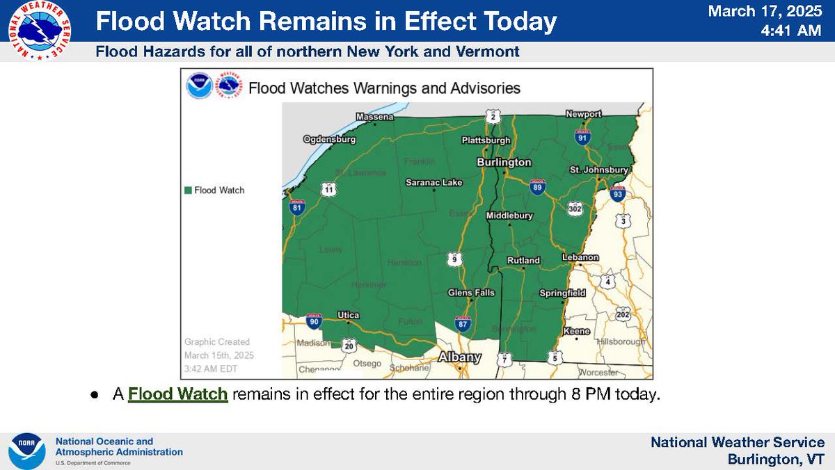 Warm temperatures, windy conditions, and widespread rainfall has caused rises on area rivers and streams. Flood watch remains in effect till 8 PM.
#FloodSafetyVT #VermontStrong