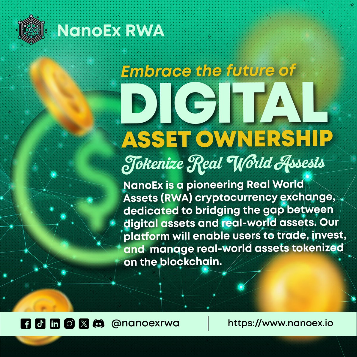 NanoExRWA's tweet photo. 🚀 Embrace the Future of Digital Asset Ownership with NanoEx! 🌍💎

Imagine owning Real Estate, Cars, Infrastructure, and Intellectual Property in secure digital form—all powered by next-gen blockchain technology. With NanoEx, real-world assets become tradable, and accessible. https://t.co/QSuu1AjO93
