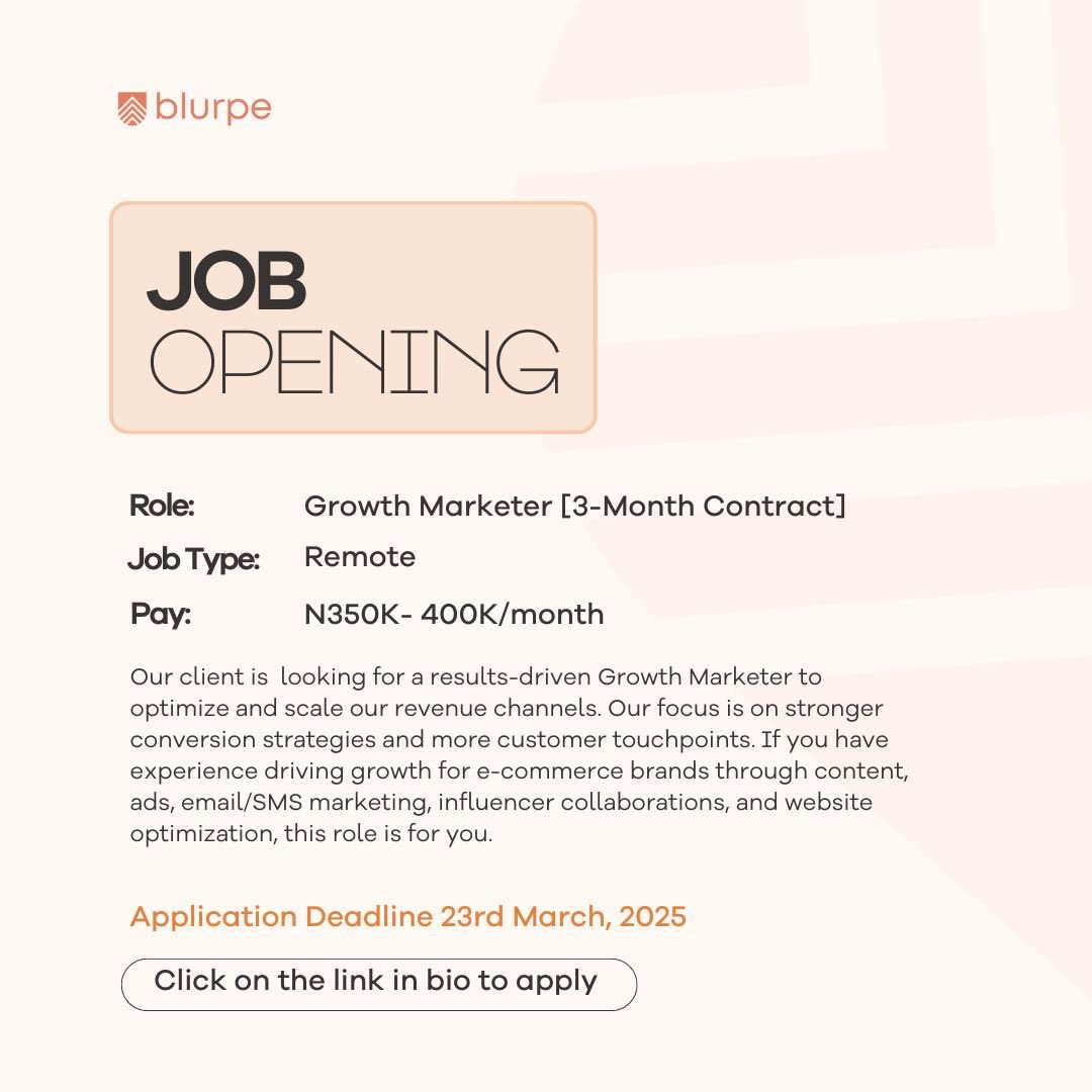 tryblurpe's tweet photo. 🚨🚨🚨 We’re Hiring 

Our client is looking for a results-driven Growth Marketer.

See more details and apply here - https://t.co/r1nlcPKQHR https://t.co/Sx7yTZbahB
