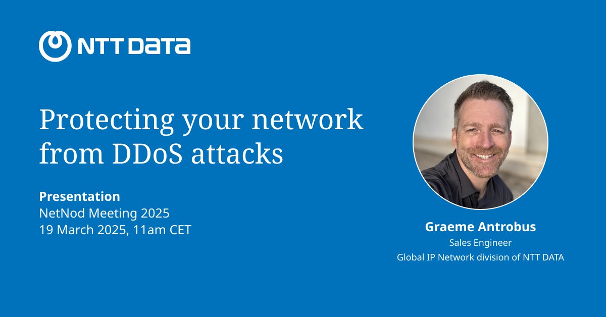 GinNTTnet's tweet photo. Our colleague Graeme Antrobus will present on #DDoS attacks and network security at the #Netnod2025 meeting hosted by @netnod. Don't miss his insights on this very timely topic and ask all the questions you might have. See you in Stockholm! 🇸🇪
@nttdata_inc #globalipnetwork #AS2914