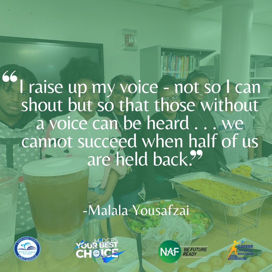 "I raise up my voice - not so I can shout but so that those without a voice can be heard . . . we cannot succeed when half of us are held back." -Malala Yousafzai #MotivationalMonday #YourBestChoiceMDCPS #BeFutureReady
