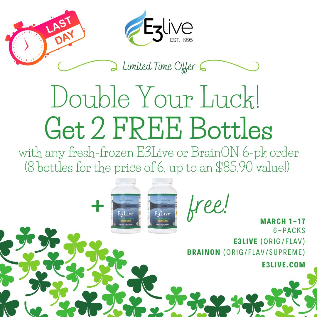 FINAL DAY
💚March 1-17 Special at E3Live💚⁠
⁠
Buy any E3Live or BrainON fresh-frozen 6-pk and get 2 bonus bottles FREE!⁠

#e3live #brainon #superfood #lucky #marchspecial #organicnutrition #brainhealth #healthyliving