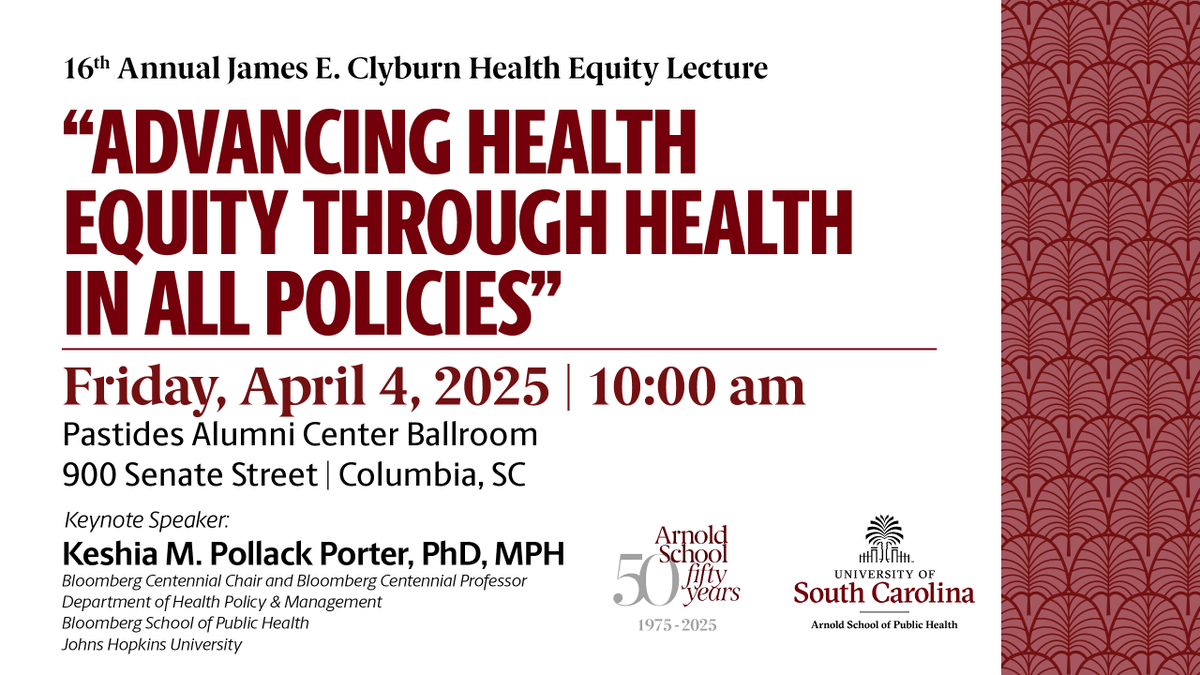 USC Arnold School of Public Health (@uscarnoldschool) on Twitter photo Get excited to hear from Keshia M. Pollack Porter, when she headlines the 16th Annual Clyburn Health Equity Lecture on April 4 as keynote speaker.
We'll see you <a href="/UofSCAlumCenter/">Pastides Alumni Center</a> at 10am to hear about advancing health equity through health in all policies ow.ly/9EPf50VawT7 Get excited to hear from Keshia M. Pollack Porter, when she headlines the 16th Annual Clyburn Health Equity Lecture on April 4 as keynote speaker.
We'll see you <a href="/UofSCAlumCenter/">Pastides Alumni Center</a> at 10am to hear about advancing health equity through health in all policies ow.ly/9EPf50VawT7