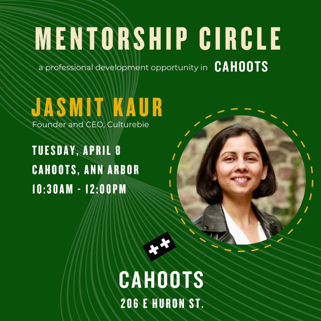 Our next mentorship circle is with Jasmit Kaur, Founder and CEO of Culturebie! Join us Tuesday, April 8 at 10:30am for a chat on her backstory and time to ask questions. Sign up here: cahoots.com/upcoming-event…