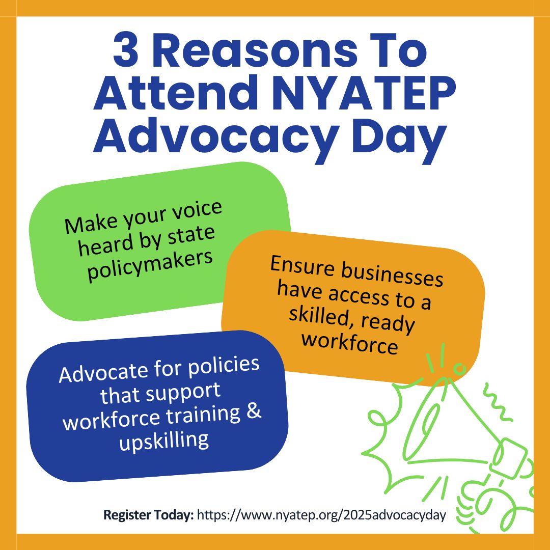 📣 Countdown to #NYATEPAdvocacyDay!

TOMORROW, #wkdev leaders and educators unite in Albany to push for policies driving economic mobility. More investments = stronger workforce. More voices = greater impact. Be part of the change!

Register: nyatep.org/2025advocacyday