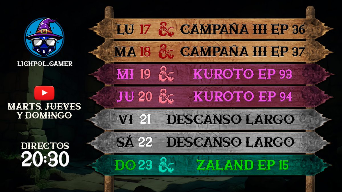 🎲Semana de #rol del 17 al 23 de Marzo. 

🟣Twitch: twitch.tv/lichpol_gamer
🔴YouTube: youtube.com/@Lichpol_Gamer