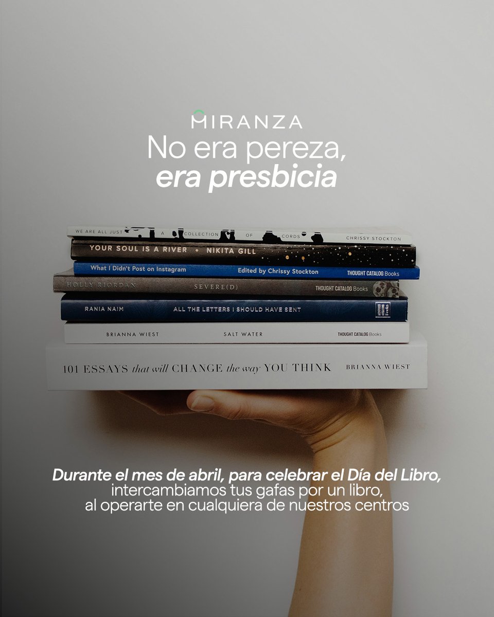 #Miranza, con la cultura💙
Di adiós a la #presbicia y recupera tu lista de libros pendientes. Con motivo del #DíadelLibro, te ofrecemos condiciones especiales en cirugía durante el mes de abril y, además… ¡te cambiamos tus gafas por un libro!📚
Infórmate: miranza.es/cirugia-presbi…