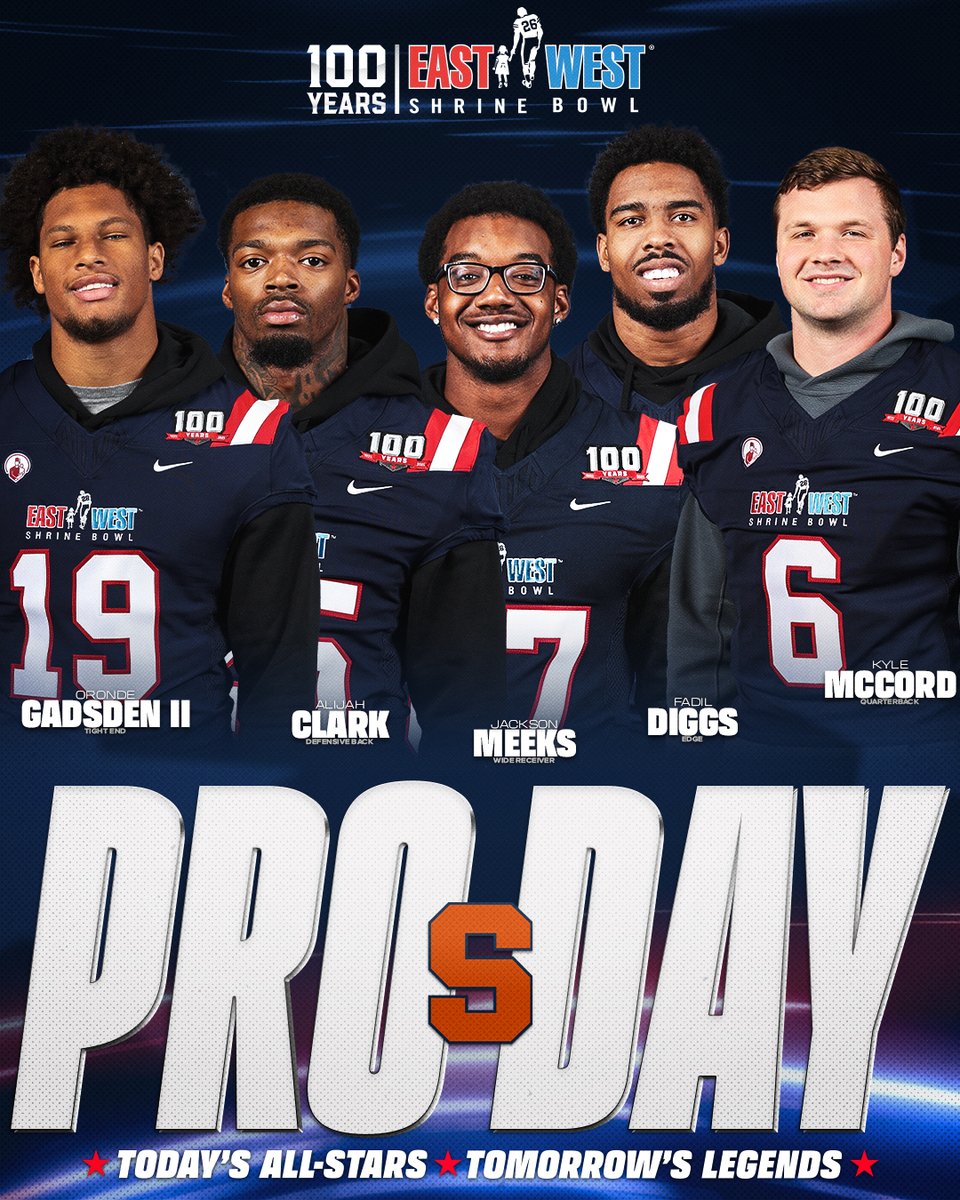 East-West Shrine Bowl (@shrinebowl) on Twitter photo Good luck to our #ShrineBowl guys at the <a href="/CuseFootball/">Syracuse Football</a> Pro Day!
💫 Alijah Clark (<a href="/cinco_agent/">Alijah “Cinco” Clark</a>)
💫 Fadil Diggs (<a href="/fadil_diggs/">Big Frank 🧟♂️</a>)
💫 Oronde Gadsden II (<a href="/Orondegii/">Oronde Gadsden II</a>)
💫 Kyle McCord (<a href="/kylemccord16/">Kyle McCord</a>)
💫 Jackson Meeks (<a href="/_7JMEEKS/">Jackson Meeks</a>)
#ShrineBowlWHOSNEXT Good luck to our #ShrineBowl guys at the <a href="/CuseFootball/">Syracuse Football</a> Pro Day!
💫 Alijah Clark (<a href="/cinco_agent/">Alijah “Cinco” Clark</a>)
💫 Fadil Diggs (<a href="/fadil_diggs/">Big Frank 🧟♂️</a>)
💫 Oronde Gadsden II (<a href="/Orondegii/">Oronde Gadsden II</a>)
💫 Kyle McCord (<a href="/kylemccord16/">Kyle McCord</a>)
💫 Jackson Meeks (<a href="/_7JMEEKS/">Jackson Meeks</a>)
#ShrineBowlWHOSNEXT