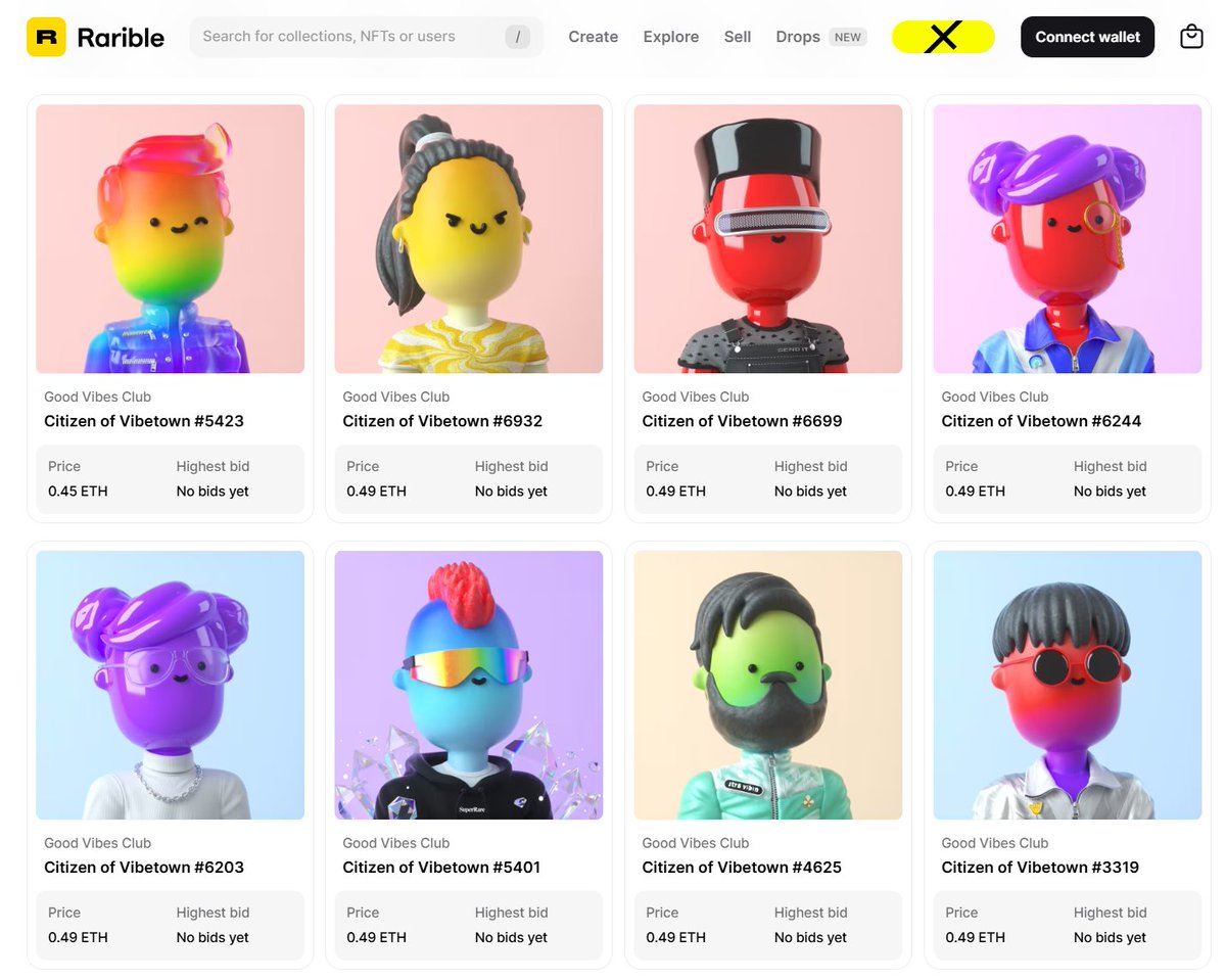 rarible's tweet photo. Did Good Vibes Club bring the vibes back? 🤙

💛 0.069 ETH mint ➡ 0.45 ETH floor (over 6X) 
💛 Collectors are snagging rares
💛 PFPs are changing left and right
💛 People are loving the art  🎨

Despite the market conditions, it's amazing to see this collection thriving! The best part? The community is just having fun 😎