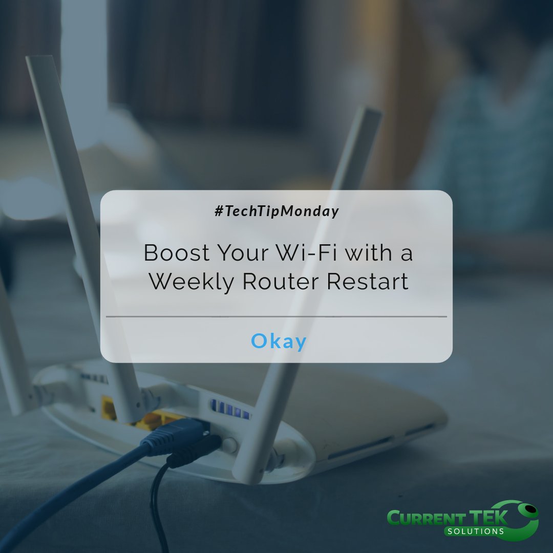 currentTEK's tweet image. #TechTipMonday
Reboot your home router and modem once a week. This can help clear up potential vulnerabilities and improve performance.