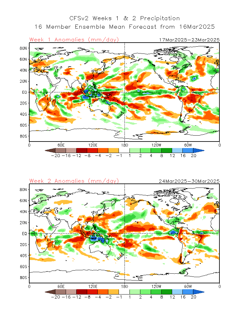 Gokul46978057's tweet photo. The global large scale sub-seasonal wave train - MJO to positively interfere with the weakening stationary background low frequency signal in the days to come. The large scale eastward propagating convective center is forecast to move towards the Maritime Continent from the eastern equatorial Indian Ocean in the week ahead. As a result, the Australian monsoon trough could get enhanced associated with a poleward propagation. SST anomalies over Nino 3.4 region have started to exhibit a decreasing tendency in the past 2 days and may continue to do so in the days to come with anomalous easterlies picking up. Models also predict the anomalous rainfall over the east central equatorial Pacific to persist for a while probably associated with the recent positive SST anomalies there. Overall, it looks like the tropical rainfall anomalies forecast for the next few weeks could arise from a suite of multi - scale interactions. 
Images sourced from @NOAA cpc CFS model outputs. @TropicalTidbits