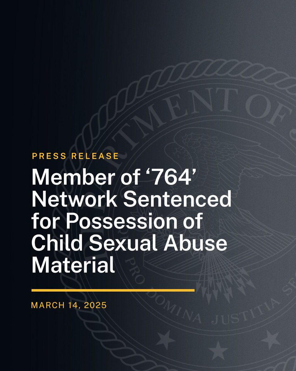 DOJNatSec's tweet image. Member of ‘764’ Network Sentenced for Possession of Child Sexual Abuse Material

🔗: justice.gov/opa/pr/member-…