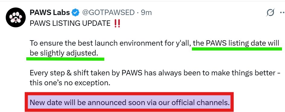 _UCrypto's tweet image. Breaking News
$PAWS Listing Date Adjusted Attention PAWS community
The previously scheduled $PAWS listing has been postponed and will not be taking place tomorrow as originally planned
A new listing date will be announced soon

#PAWSUpdate #ListingPostponed #StayTuned