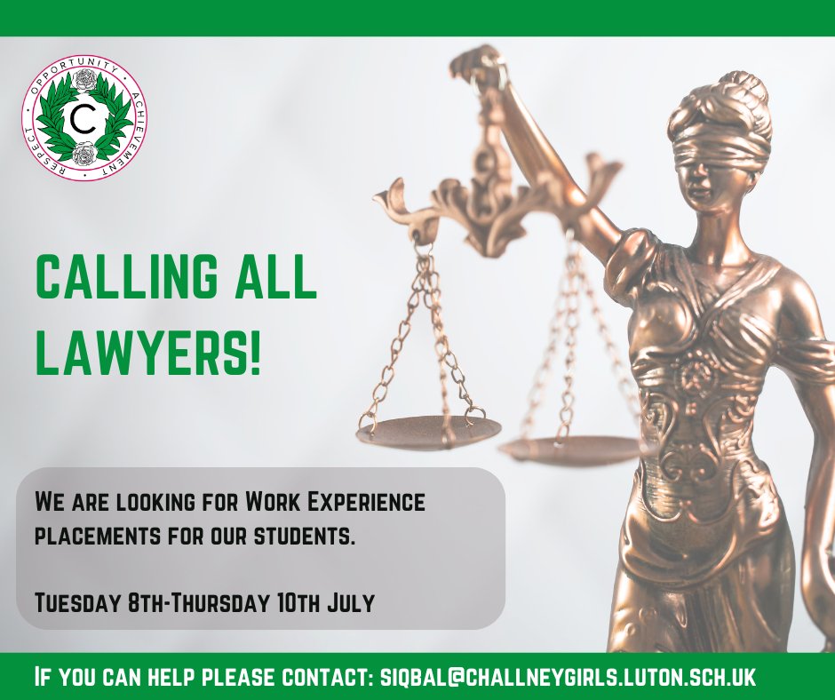 CHSG Careers (@chsg_careers) on Twitter photo Calling all Lawyers! We are looking for 3-day work experience placements for some of our students with a keen interest in Law. If you can help please contact: siqbal@challneygirls.luton.sch.uk
Help us to shape the lawyers of the future #influentialwomenofthefuture Calling all Lawyers! We are looking for 3-day work experience placements for some of our students with a keen interest in Law. If you can help please contact: siqbal@challneygirls.luton.sch.uk
Help us to shape the lawyers of the future #influentialwomenofthefuture