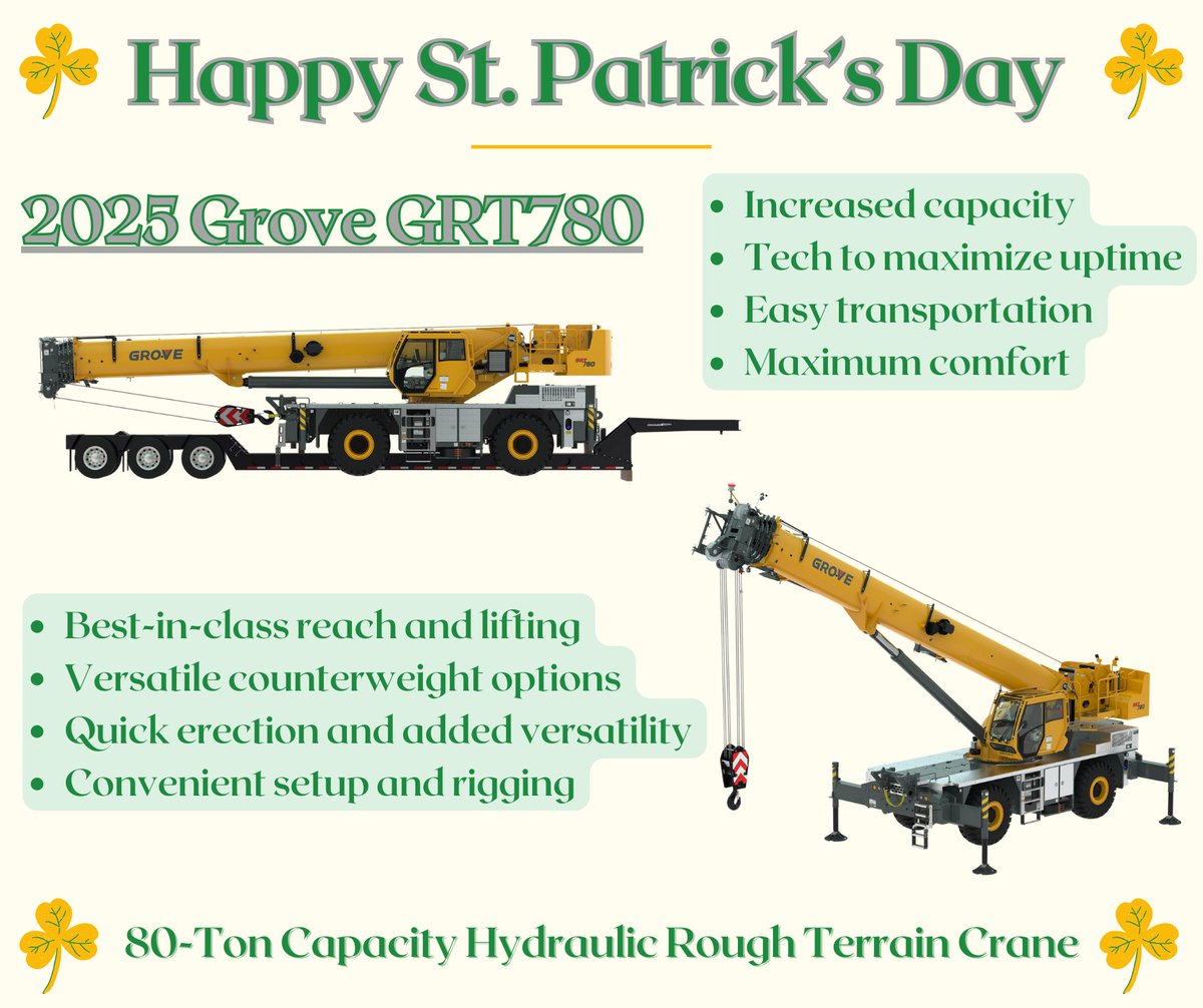 ShawmutEquip's tweet photo. Happy St. Patrick's Day! 🍀Check out the 2025 Grove GRT780 Rough Terrain Crane. 

#GroveCranes #Cranes

Link: https://t.co/VoqklBGtbJ https://t.co/RvkijbQpMT