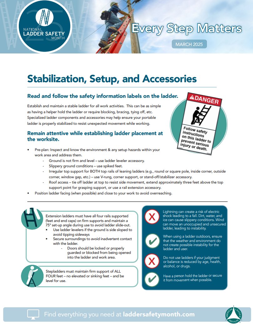 LadderMonth's tweet photo. A major cause of ladder falls is improper setup, which is why we're focusing on Stabilization Setup &amp; Accessories during week 3 of #LadderSafetyMonth. Proper setup techniques will provide the ladder with maximum stability and ensure your safety. Learn more https://t.co/TIdx5Vz3QR https://t.co/tTX02FD9qq