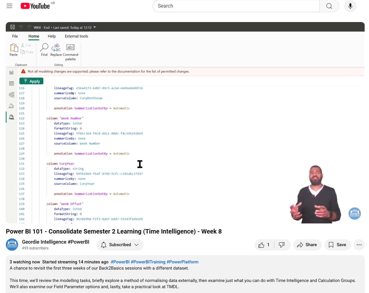 Our second live is officially up and running!  Join us now or catch-up later as we talk through and build Time Intelligence features in Power BI, in real time 🚀
We'll see you there!

#PowerBI #PowerBITraining #LearnPowerBI #Copilot

Live: youtube.com/live/GsHX87xf-…