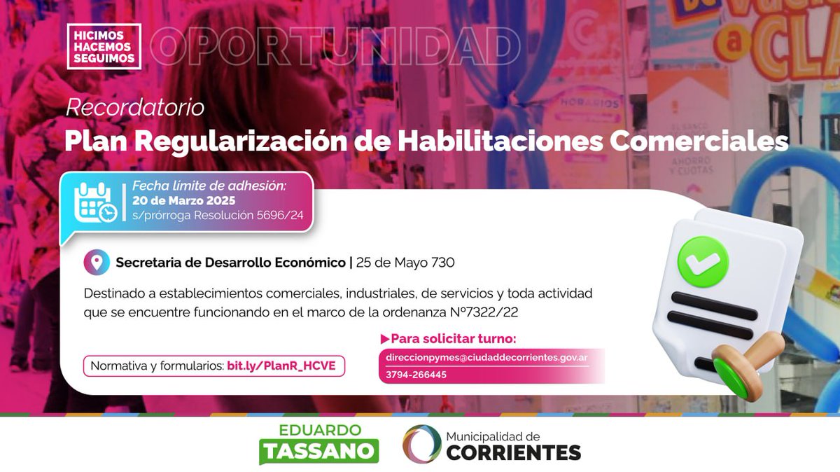 Hasta el 20 de marzo, los vecinos propietarios de negocios pueden adherirse al 'Plan Regularización de Habilitaciones Comerciales' para trabajar de forma segura y con diversos beneficios 👏 Para solicitar turnos 👉 direccionpymes@ciudaddecorrientes.gov.ar
