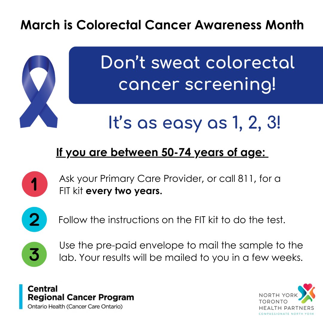 A FIT (fecal immunochemical test) is an easy at-home test for colorectal cancer screening. It takes less than 3 minutes to complete!

For more information, visit screen4cancer.ca or attend one of our clinics: northyorktorontohealthpartners.ca/chifs 

#ColorectalCancerAwarenessMonth #OHTs