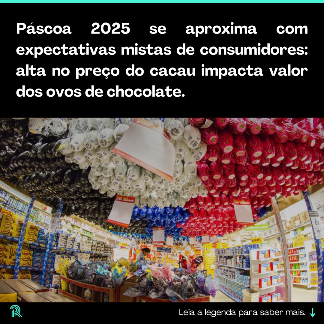 RadarDoMercado's tweet photo. O preço dos ovos subiu – e não só os de chocolate! Ovos de galinha acumularam alta nos últimos meses, e os de Páscoa seguem a mesma tendência, impactados pelo aumento expressivo do cacau. A Páscoa de 2025 se aproxima com expectativas mistas para consumidores e comerciantes. Nos últimos 12 meses, o preço do cacau registrou um aumento expressivo de 189%, conforme dados da Associação Brasileira da Indústria de Alimentação (Abia). Esse cenário pressiona os custos de produção de chocolates, refletindo-se nos preços dos tradicionais ovos de Páscoa. #RadarDoMercado #Páscoa2025 #Economia #Consumo #Preços #Cacau #OvosDePáscoa #Inflação #Mercado #EstratégiasDeVenda