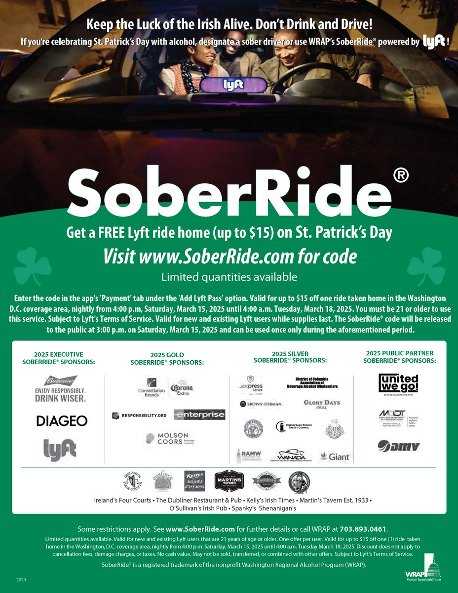 It’s here. If you’re celebrating St. Patrick’s Day today and drinking, plan a safe ride home including using WRAP’s #SoberRide! ☘️ 

(SoberRide code posted at SoberRide.com. Limited quantities available.)    

▶️ wrap.org/free-st-patric…