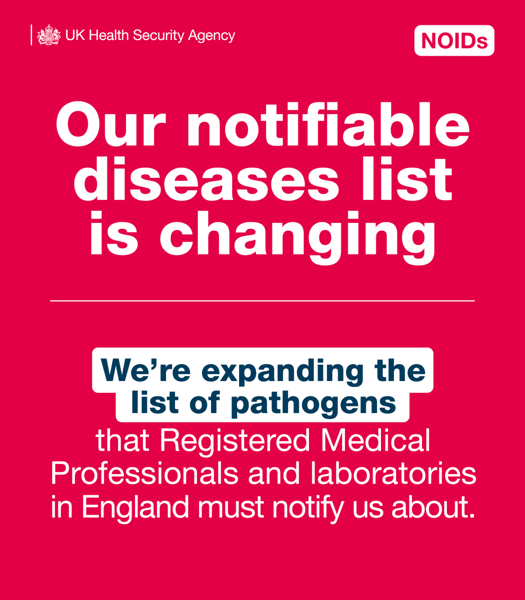 Do you work in #HealthProtection? 👩‍⚕️👨‍🔬

Changes to England's list of notifiable pathogens are coming on 6 April 2025. Make sure you're prepared by reading our latest blog post. 📖👇

ukhsa.blog.gov.uk/2025/03/11/cha…