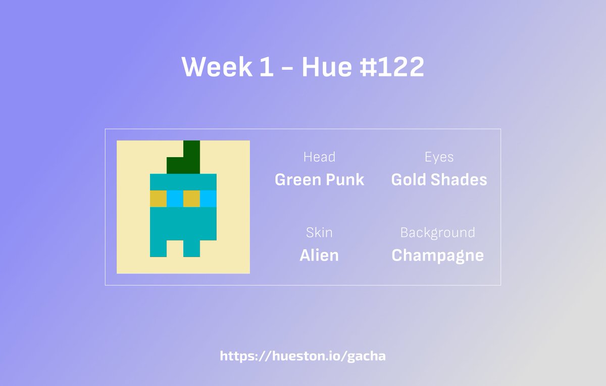 Our first prize for the Weekly Hue Gacha on <a href="/AbstractChain/">Abstract</a> is Hue #122 with a rare Alien Skin 👽✨

⏳ Time left: A bit more than 2 days...

Don’t miss your chance to join the Huemily for just $2 and unlock all the perks of holding a Hue! ✳️

Link Below 👇