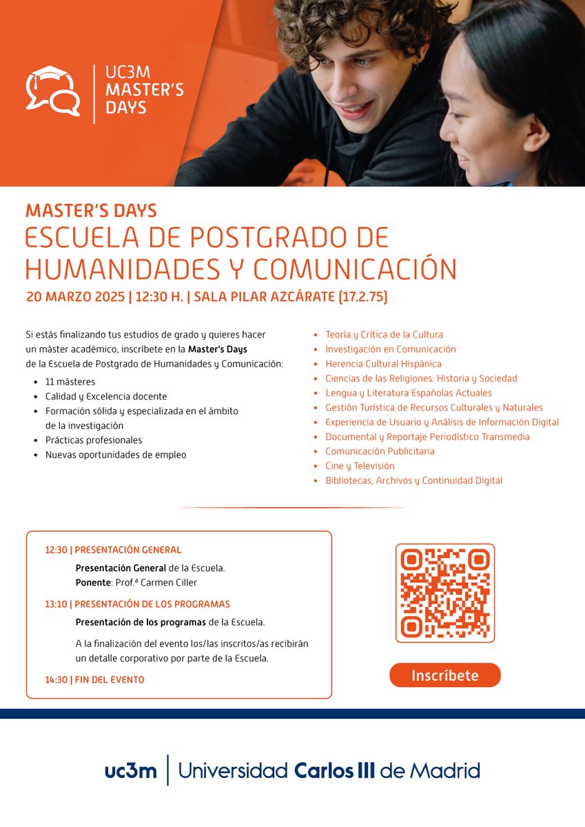 master_uc3m's tweet photo. 📣 La Escuela de Postgrado de #Humanidades y #Comunicación finaliza su #MastersDays por todo lo alto. Y lo hace en una jornada #presencial que reunirá a lxs directorxs de sus másteres para presentar sus programas y atender las consultas de los asistentes.
📆 20 marzo
🕛 12:30 h.
📍 Sala Pilar Azcárate | Campus Getafe
🎁 Regalo corporativo al finalizar la sesión
📌 ¡No faltes! 👉 https://t.co/ACC8XSIoYK
📝 Inscríbete aquí 👉 https://t.co/eglSymmiCM
#mastersdays #master #Empleabilidad #ExcelenciaAcademica #internacionalización #talento