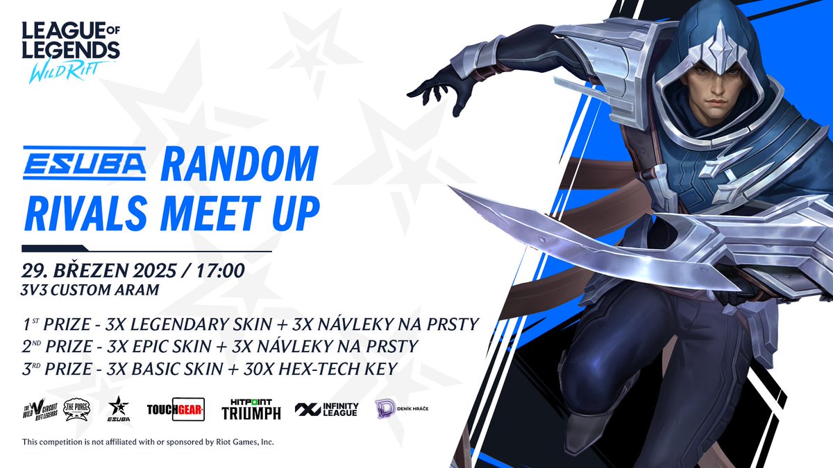 🔥 ESUBA RANDOM RIVALS MEET UP! 🔥

🔹 3v3 CUSTOM ARAM – náhodní rivalové, epické odměny!
📅 29. března 2025 | 17:00
🏆 Hraj o legendární skiny, herní doplňky a další odměny!

💙 Jsi připraven na výzvu? Přidej se a ukaž své skills!

 #WildRiftCZSK  #RiftLegends