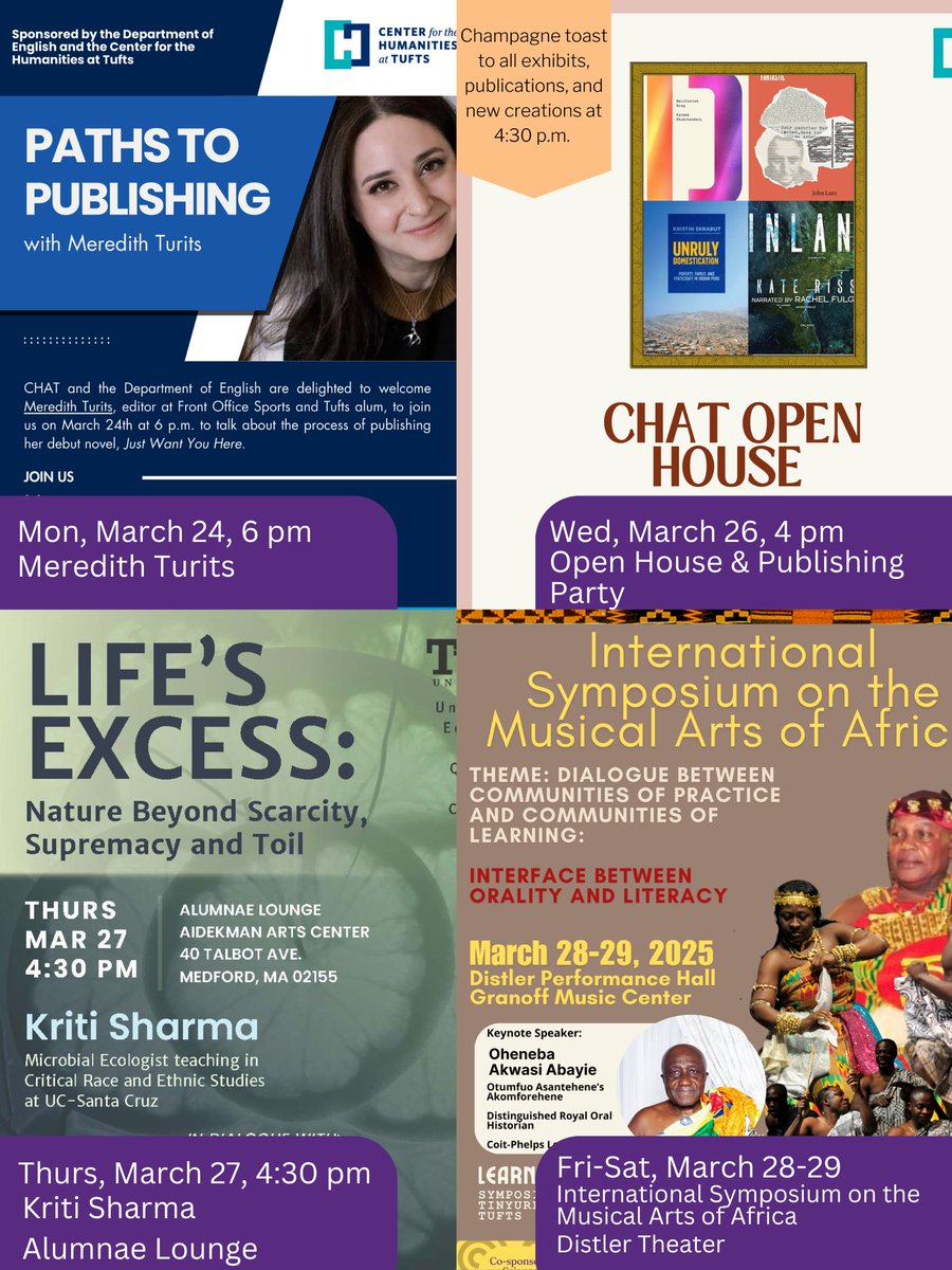 This week is Spring Break at Tufts, but next week, we have so many great events coming up. Learn more at our website! humanities.tufts.edu/events/upcoming