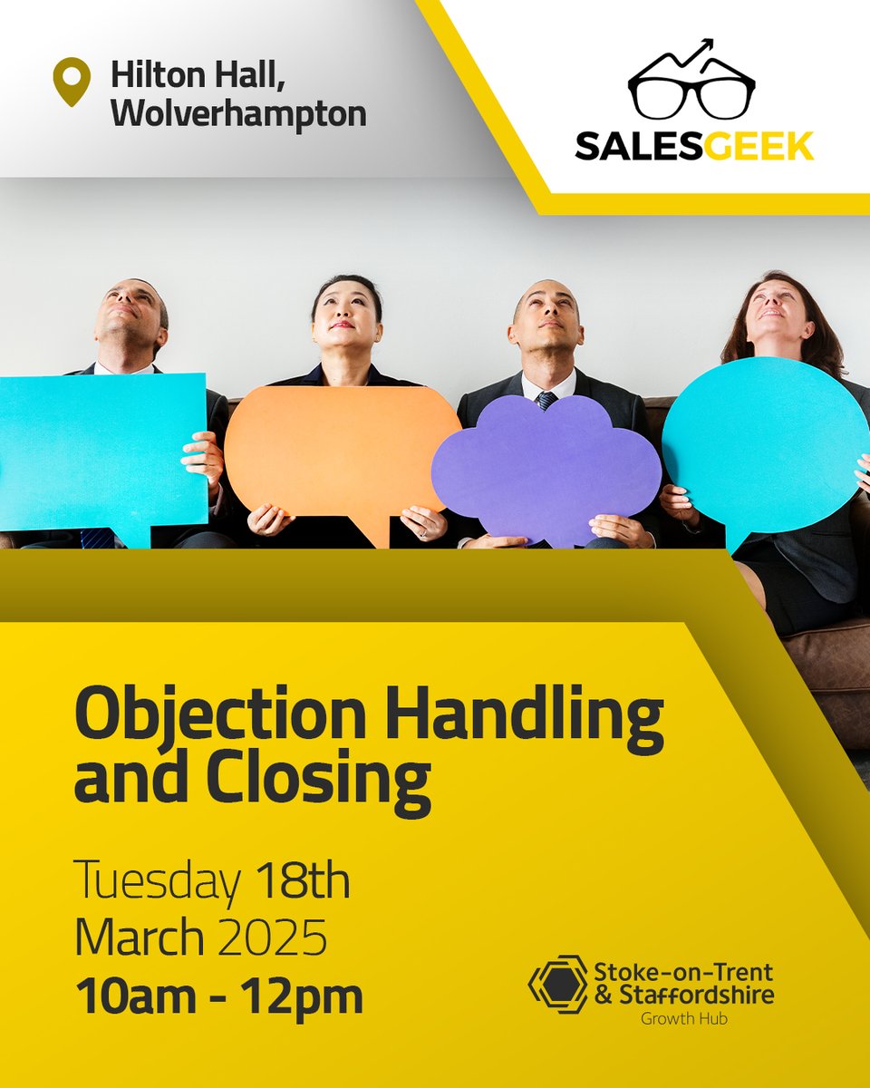 📢 Last chance to book! Join us tomorrow in Wolverhampton, for our Objection Handling and Closing workshop with Sales Geek. 

This free, interactive session will cover proven techniques to overcome objections: eventbrite.co.uk/e/objection-ha…