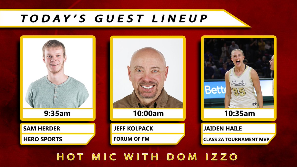 Hot Mic with Dom Izzo (@hotmicwday) on Twitter photo We have a packed weekend full of sports to recap this morning!
9:20 am - Best of Weekend
9:35 am - <a href="/SamHerderFCS/">Sam Herder</a>
10:00 am - <a href="/KolpackInForum/">Jeff Kolpack</a>
10:35 am - <a href="/JaidenHaile/">Jaiden Haile</a>
📺WDAY Xtra, KSFL-TV
📲 inforum.com We have a packed weekend full of sports to recap this morning!
9:20 am - Best of Weekend
9:35 am - <a href="/SamHerderFCS/">Sam Herder</a>
10:00 am - <a href="/KolpackInForum/">Jeff Kolpack</a>
10:35 am - <a href="/JaidenHaile/">Jaiden Haile</a>
📺WDAY Xtra, KSFL-TV
📲 inforum.com