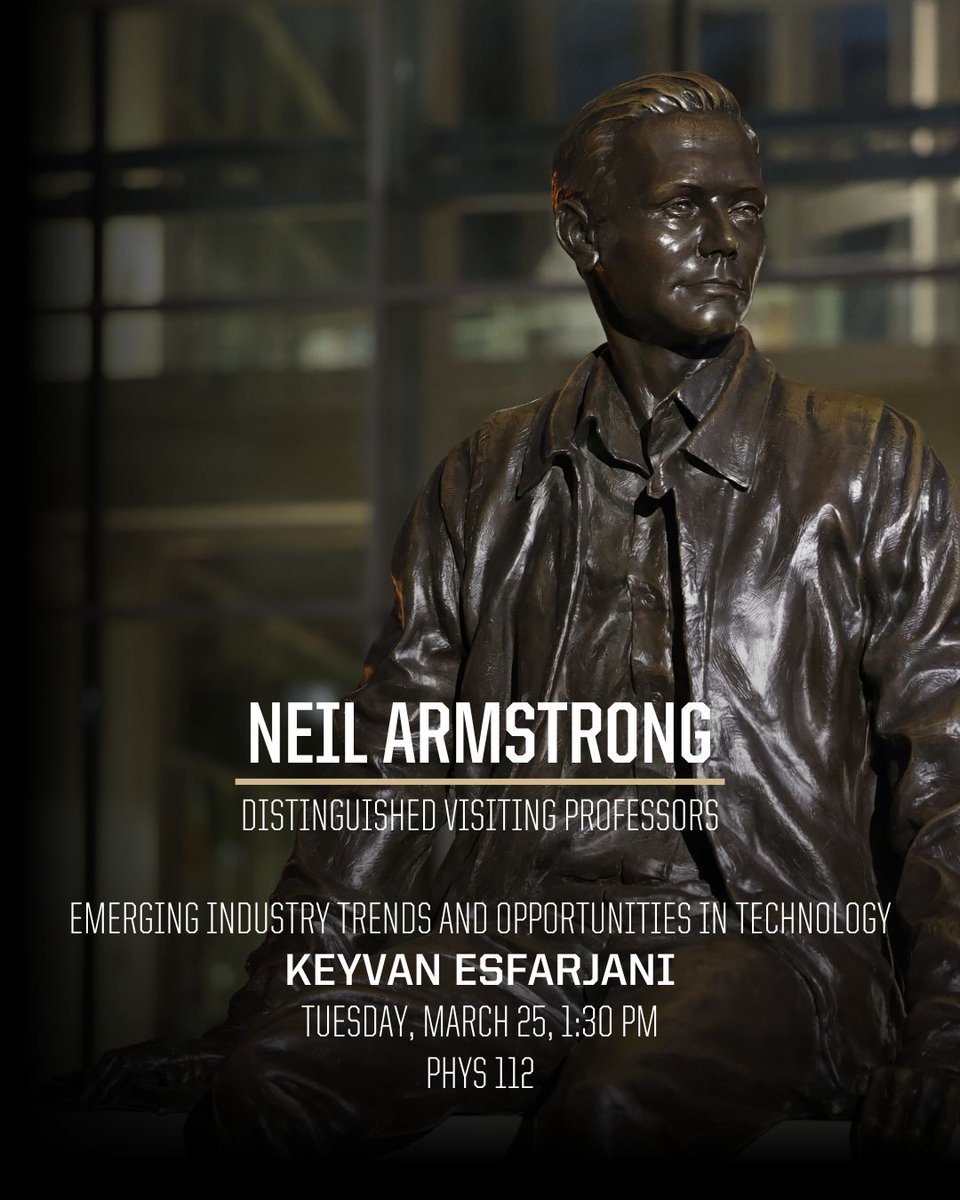 Next week IE's Distinguished Engineering Alumni Keyvan Esfarjani will deliver a seminar as a Neil Armstrong Distinguished Visiting Fellow. 

Learn more about the seminar "Emerging Industry Trends &amp; Opportunities in Technology" at the link below. 

engineering.purdue.edu/NADVP/upcoming