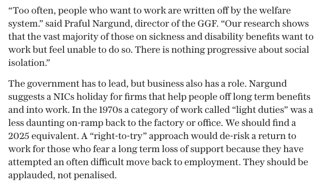 Welfare should support those who are able into appropriate work - not punish them for trying.

The public wants employers to take more responsibility for hiring those on sickness benefits.

A National Insurance holiday for employers that do so could be a good place to start.