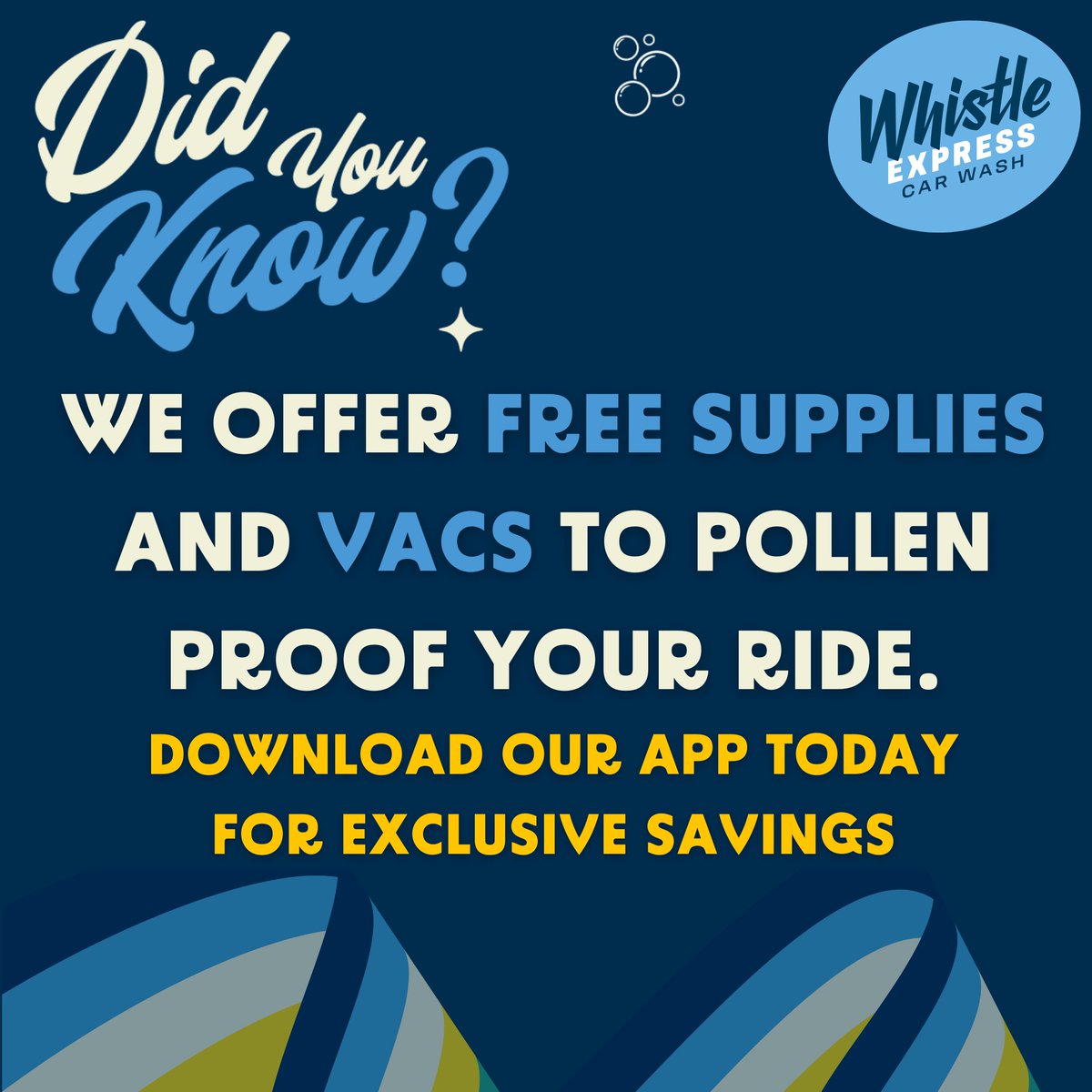 Pollen season is coming! Stop by Whistle Express Car Wash for free vacuums and detail supplies at our locations to keep your ride pollen-proof inside and out. Stay fresh on the road all season long. #PollenProof #StayFresh #SpringCleaning #CarCare #WhistleExpress