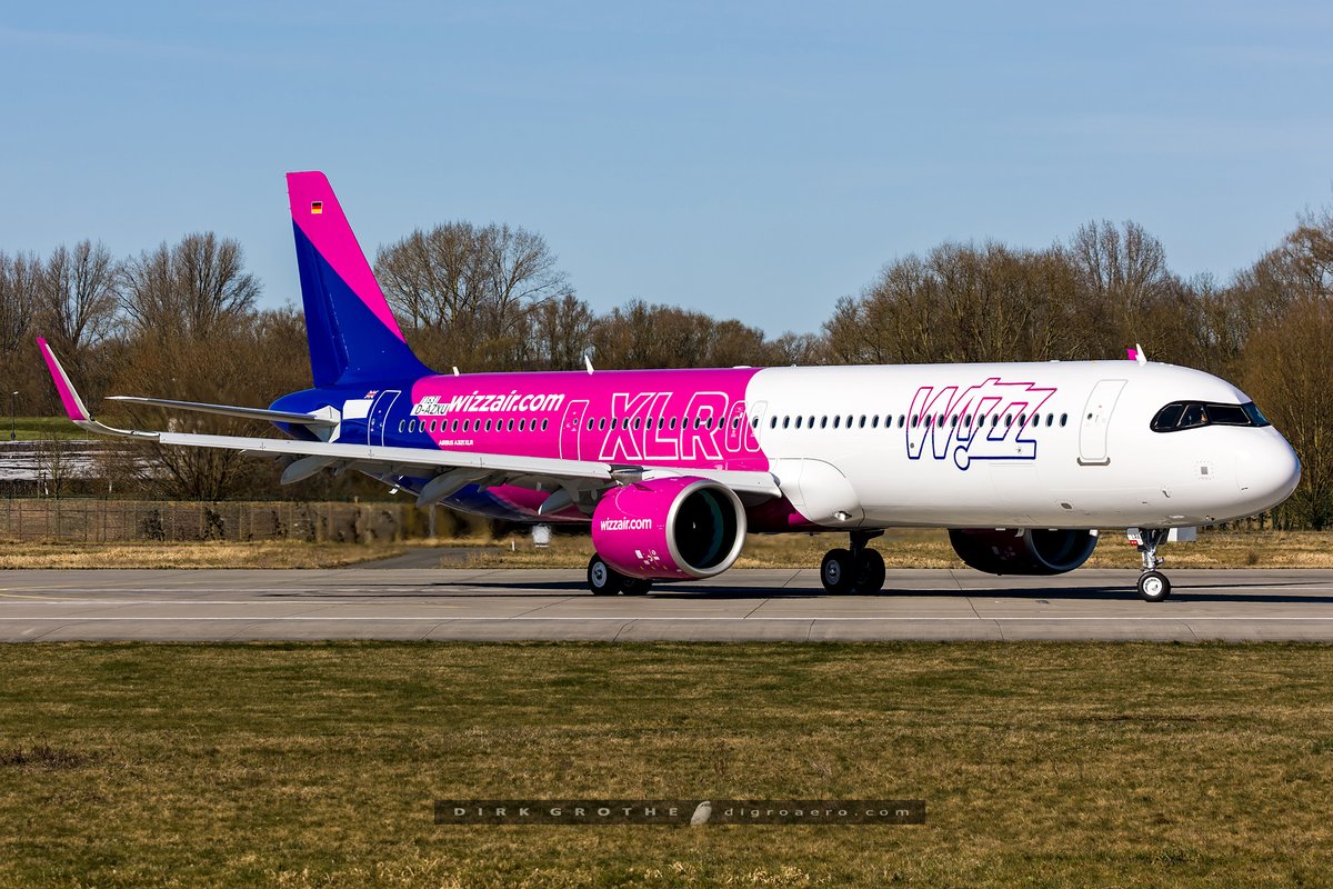 The first Airbus A321 XLR for <a href="/wizzair/">Wizz Air</a> UK will be G-XLRA, seen here today at Airbus Hamburg with rto-test prior to its first flight, wearing a huge XLR-sticker on fuselage...
Wizz Air has ordered 47 XLR and will operate the XLR from London-Gatwick to Jeddah as its first route