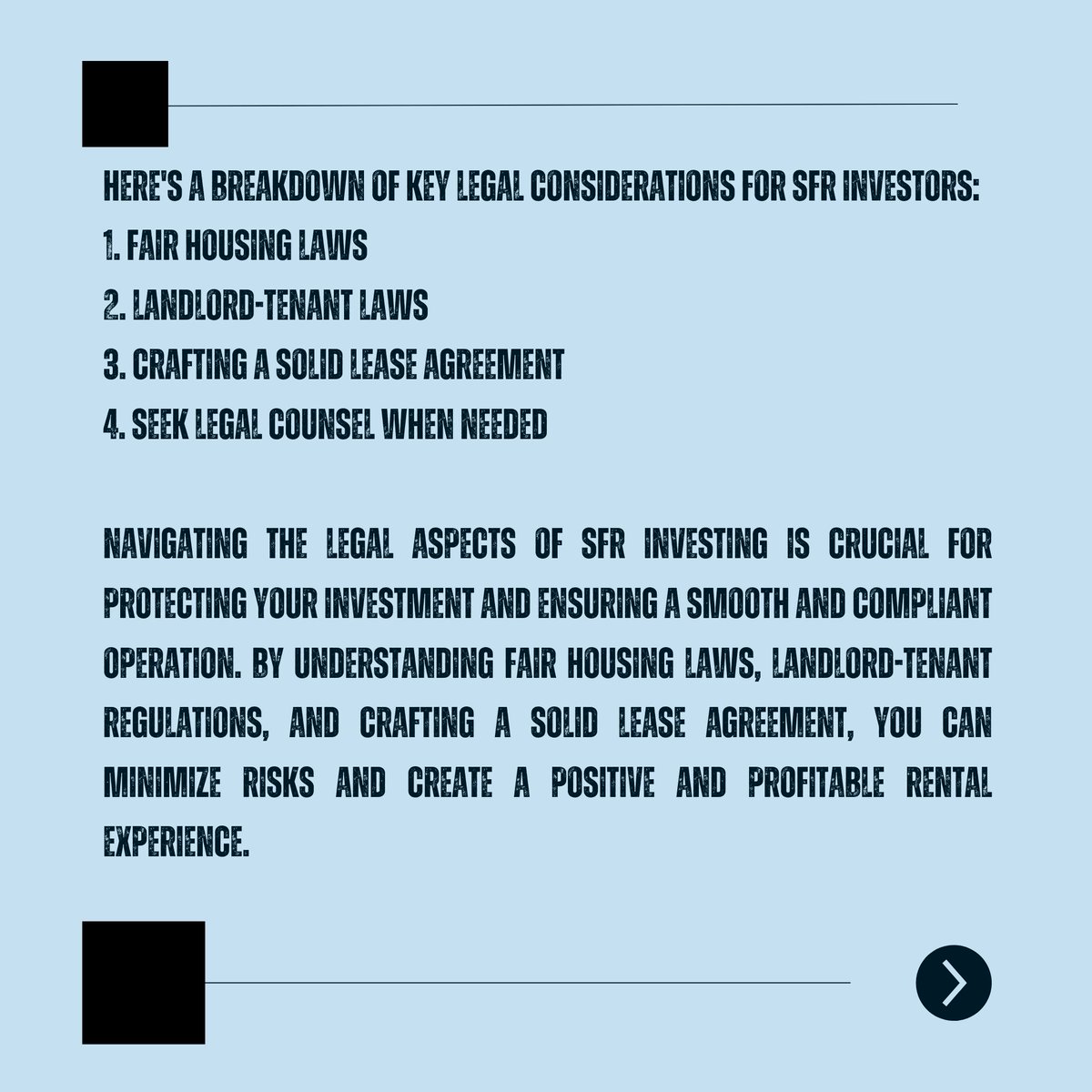 RelancerCapital's tweet photo. Knowledge is power in SFR investing! We're breaking down the essential legal considerations you need to know. Empower yourself with the right information and make informed decisions. 🧠 https://t.co/YbmXQirLX7