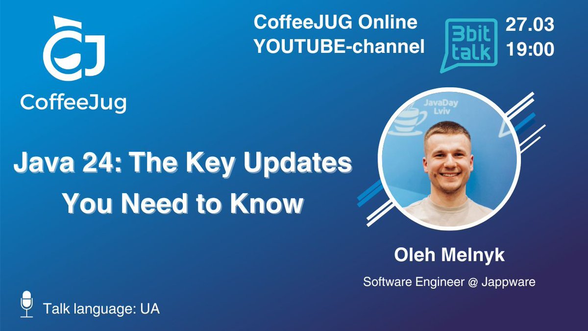 CoffeeJug (@coffeejug) on Twitter photo Friends! We invite you to our next online event, where <a href="/OMilleR_98/">MilleR98</a>  will talk about new Java 24. Don’t miss the chance to learn something new. The event is free and open to everyone! Registration here - forms.gle/gXTMnFoXmqioGq…
#CoffeeJUG #JUG #java #java #java24 Friends! We invite you to our next online event, where <a href="/OMilleR_98/">MilleR98</a>  will talk about new Java 24. Don’t miss the chance to learn something new. The event is free and open to everyone! Registration here - forms.gle/gXTMnFoXmqioGq…
#CoffeeJUG #JUG #java #java #java24